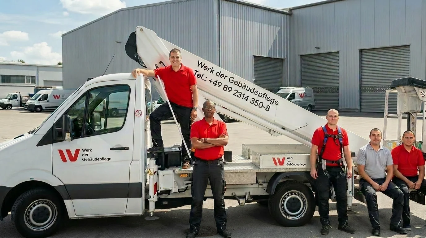 Team von Werk der Gebäudepflege vor Firmenfahrzeug